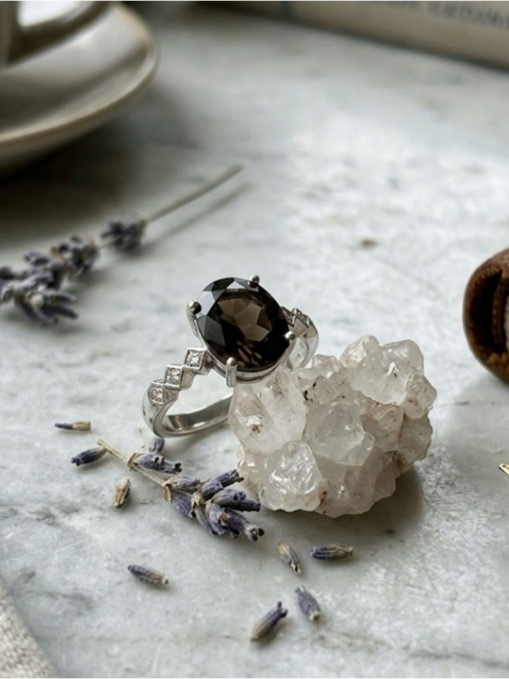 Stunning Statement Smoky Quartz Cocktail Silver tone Adjustable Ring